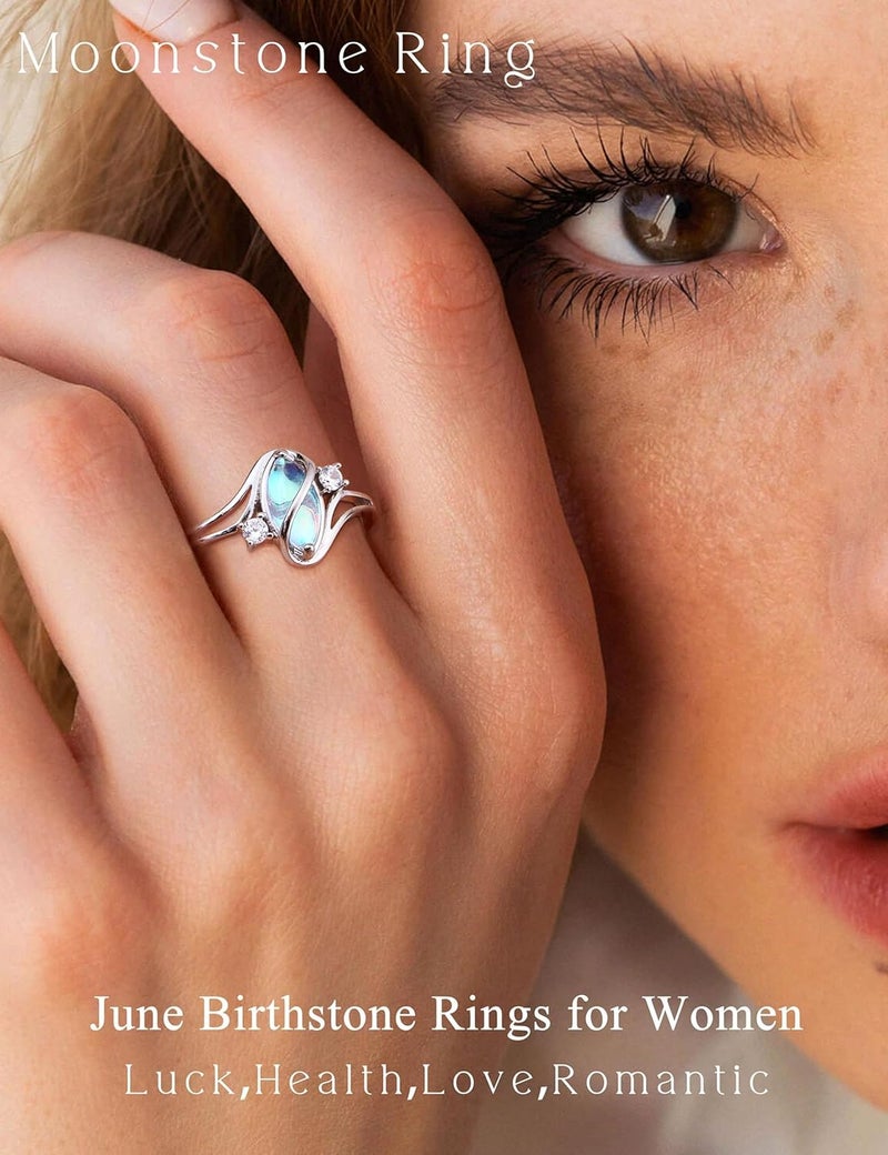 Adramata 925 Sterling Silver Rings for Women Moonstone Ring Rainbow Cubic Zirconia Accents Ring Solitaire Gemstone Statement Rings 18K Gold Plated Silver Rings - Image 4